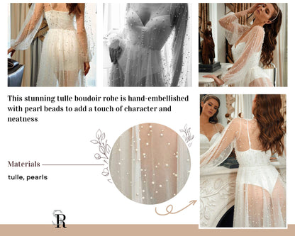 Luxury Tulle Bridal Robe with Pearls – Graceful and Stunning Bridal Style