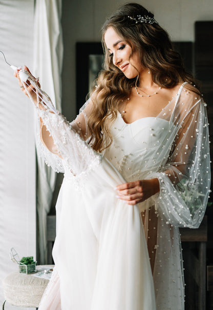 Luxury Tulle Bridal Robe with Pearls – Graceful and Stunning Bridal Style